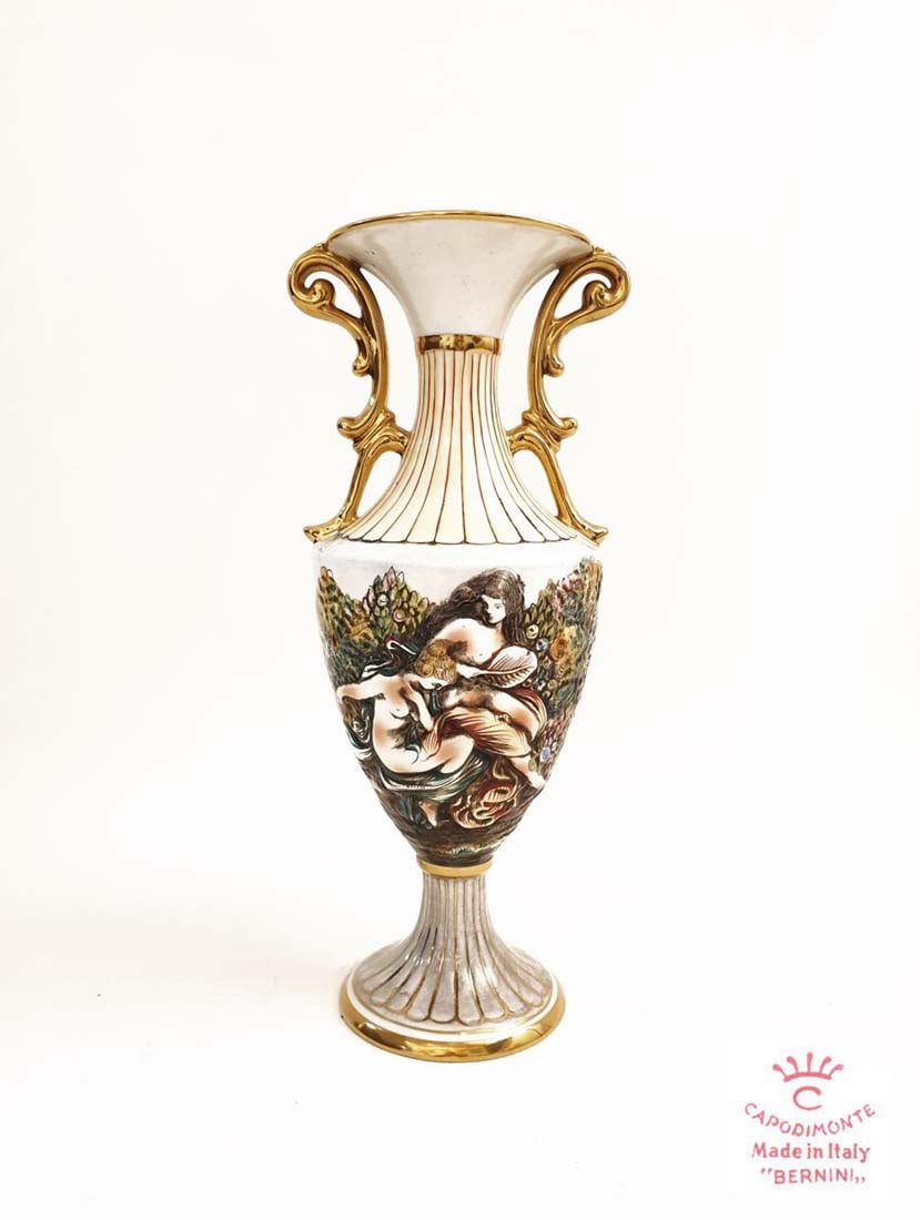 A Large CAPODIMONTE BERNINI Hand Painted Porcelain Vase/Urn: A Vintage Large Italian CAPODIMONTE BERNINI Hand Painted Porcelain Vase/Urn. Note: The item has tiny chip in the base (Last Photo). H 15.1/2" x D 6.1/2"