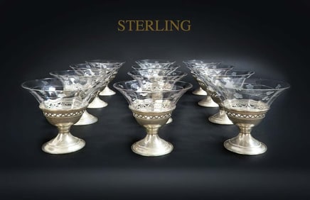 Set of 12 Sterling Silver & Crystal Sherbet Bowls