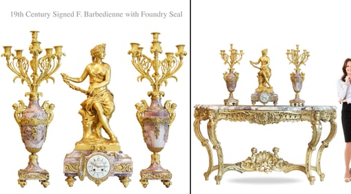 19th C. French F.Barbedienne Gilt Bronze & Rouge Marble Clock Set