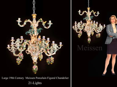 A Large 19th C. German Meissen Porcelain Figural 21-lights Chandelier