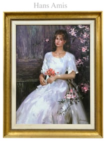 Lady In Flower Garden, An Oil on Canvas Painting Signed By Hans Amis