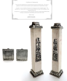 John Hagee Pair of Judaica Jerusalem Stone Candlesticks