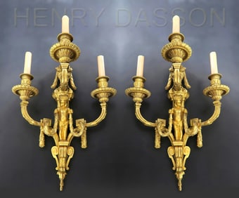 Large Pair of Henry Dasson Bronze Sconces, Signed