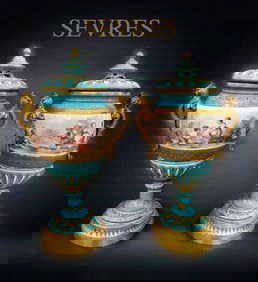 A Pair of 19th C. Jeweled Sevres Urns
