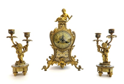 19th C. Judaica Champleve & Bronze Clock Set