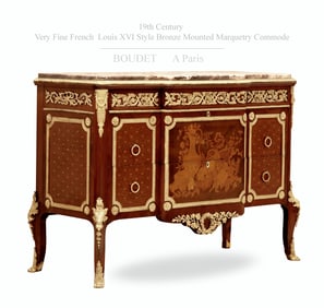 Very fine 19th C French Boudet Louis XVI Style Bronze Marquetry Commode/Cabinet, Signed