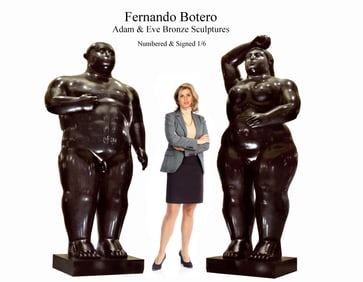 A Pair Of Monumental F. Botero Adam & Eve Bronze Sculptures, Numbered & Signed