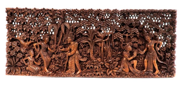Vintage Figural Thai Wooden Carved Panel