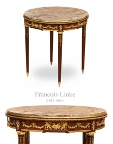 19th C. French F. Linke Louis XVI Style Mahogany Wood Gilt Bronze Marble Top Round Table