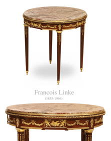 19th C. French F. Linke Louis XVI Style Mahogany Wood Gilt Bronze Marble Top Round Table (1 of 3)