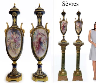 A PAIR OF SEVRES GILT BRONZE MOUNTED COVERED URNS