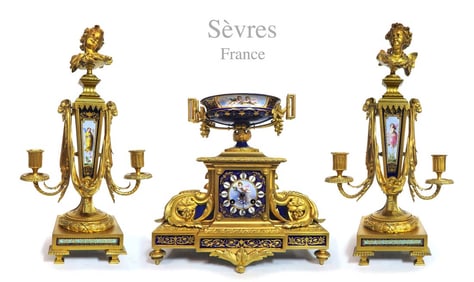 19th C. Sevres Gilt Bronze Jeweled Cobalt Clock Set