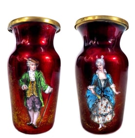 A Pair of 19th C. French Enamel on Copper Vases