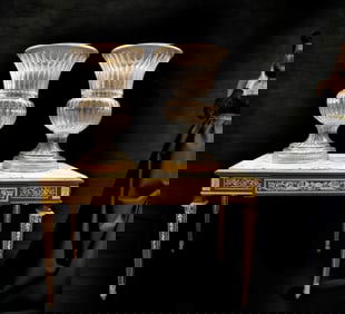 A Pair of Monumental Baccarat Style Crystal Bronze Vases