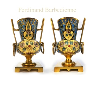 A Pair of 19th C. Gilt Bronze Champleve Vases, Barbedienne Signed