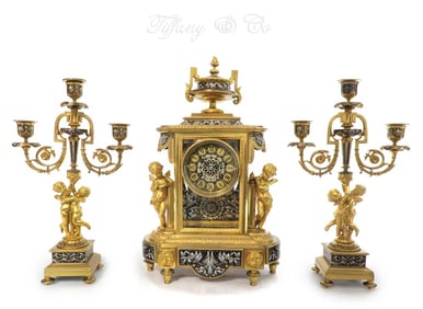 19th C Tiffany & Co Figural French Champleve Clock set