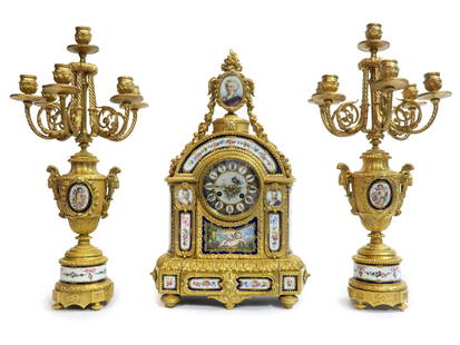 19th C. French Bronze & Sevres Porcelain Clock Set: 19th C. French Bronze & Sevres Porcelain Clock Set. Clock: H 19.3/4\" x 12.1/4\" x 6\", Candelabras: H 21\" x D 10.1/4\"