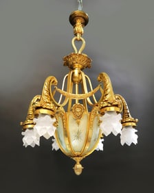 19th C. Figural Bronze & Crystal Chandelier 7-light