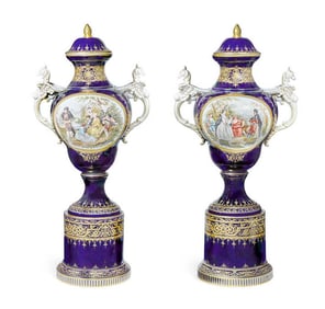 PAIR OF VIENNA STYLE COVERED VASES ON SEPARATE PEDESTAL