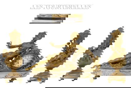 Les Tourterelles, F. Moreau Mantel Clock Set, 19th C. (1 of 1)