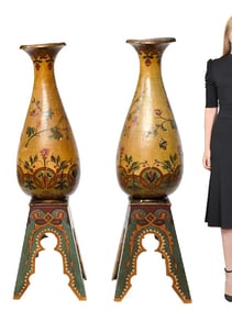 PAIR OF POLYCHROME TERRACOTTA FLOOR VASES & WOOD STANDS