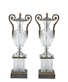 PAIR OF CHARLES X STYLE GILT BRONZE/CUT GLASS URN/LAMPS