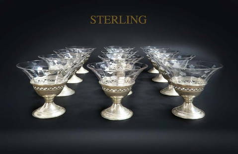Set of 12 Sterling Silver & Crystal Sherbet Bowls: Set of 12 Sterling Silver & Crystal Sherbet Bowls