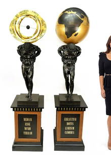 A Pair of Monumental Bronze Figures of Atlas 93" Height: A Pair of Monumental Bronze & Gilt Bronze Figures of Atlas 93" Height. 20TH CENTURY, THE STANDS MODERN. Depicted standing and holding either a terrestrial globe or a celestial globe on his shoulders,