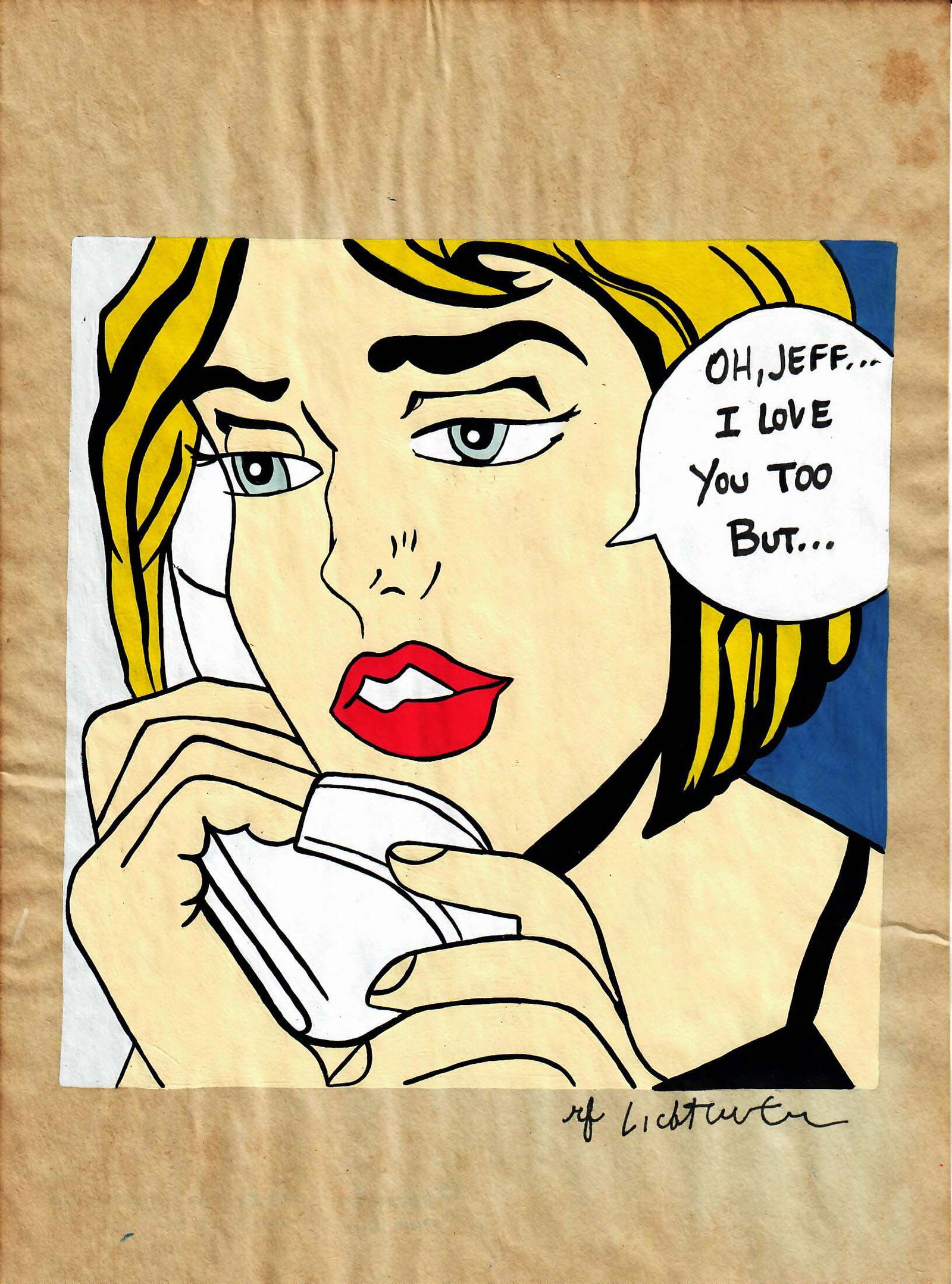 Oh, Jeff, After Roy Lichtenstein Signed Drawing Print on Old Paper, Stamped (1 of 2)