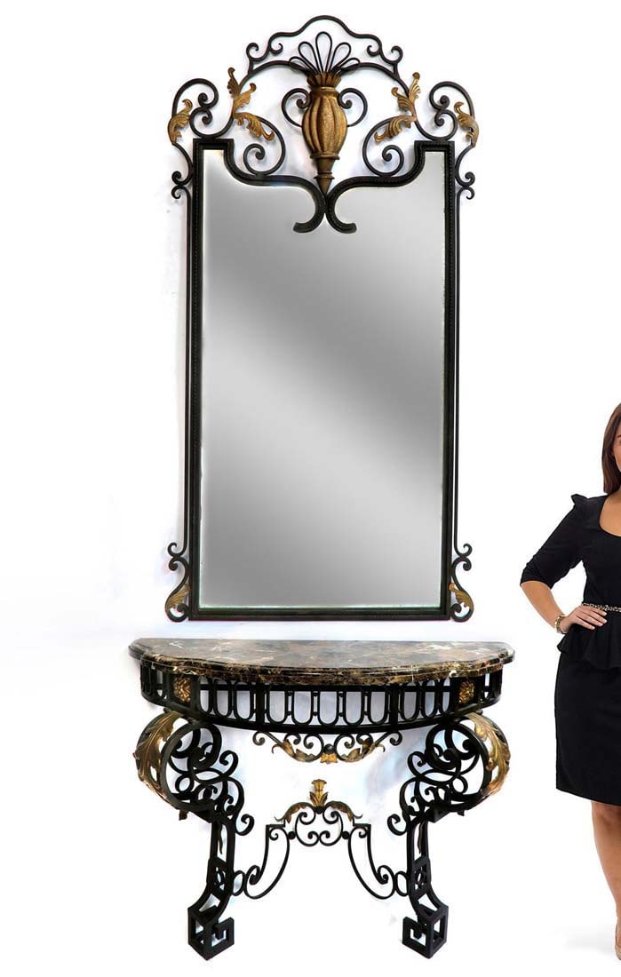 French Regence Wrought Iron Mirror & Console: French Regence Wrought Iron Large Mirror & Console Table with Marble Top. End of 19th C. Early 20th C. Mirror: 78" x 39.5", Console: 50" x 20" x H 37"