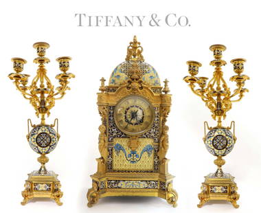 French Tiffany & Co Bronze & Champleve Enamel Clock Set: Large French Tiffany & Co. Bronze & Champleve Enamel Clock Set. 19th C. Clock: H 18.3/4", Candelabras: H 16.1/2"