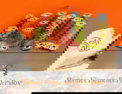 A French Hermes Elements Poker Chips W/ Sycamore Box: A French Hermes Elements Poker Chips W/ Sycamore Box. Crafted in matte grey sycamore with a cedar wood interior. L 12.5? (32cm) x H 3.14? (8cm) x D 9? (23cm)