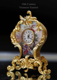 19th C. Austrian Viennese Enamel Bronze Miniature Clock: 19th C. Austrian Viennese Enamel Bronze Miniature Clock. H 4" x 2.75" x 1"