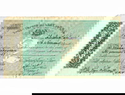 1926 The Imperial Bank Of Persia Second Of Exchange Bank Note Check: The Imperial Bank Of Persia Second Of Exchange Bank Note Check, 1926, Circa Iranian King Reza Shah Pahlavi. 10" x 5.25"