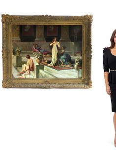 After Guglielmo Zocchi Large Orientalist Oil/Canvas, 19th C.: After Guglielmo Zocchi (Italian, 1874-1974) Harem Scene orientalist oil painting, late 19th century. Frame: 45" x 37", Painting: 36" x 28"