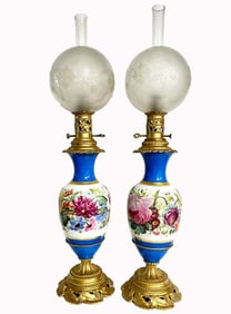 A Pair of French Sevres Hand Painted Porcelain Bronze Light Lamps