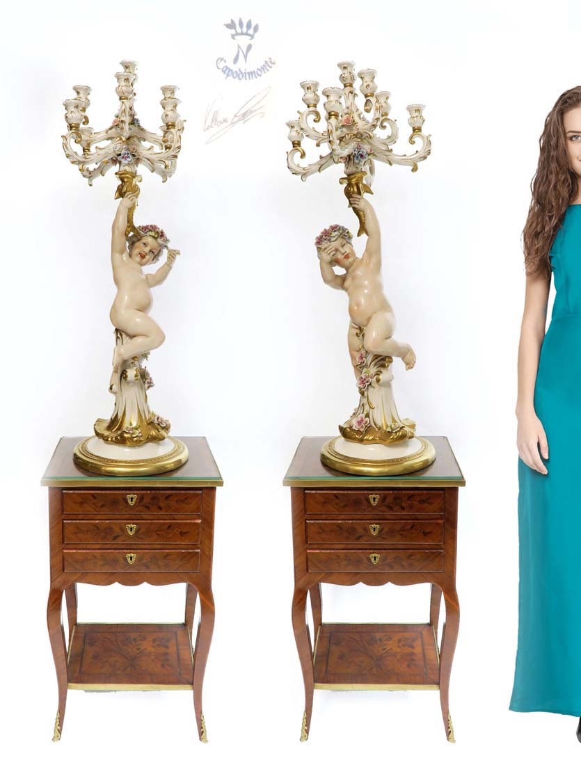 19th C Pair of Monumental Capodimonte Cherub Candelabra: 19th C. Pair of Monumental Capodimonte Cherub Hand Painted Porcelain Candelabras. NOTE: The Pedestals are NOT included! H 37" x W 11"