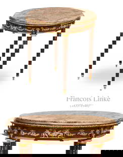 19th C. French F. Linke Louis XVI Style Mahogany Wood Gilt Bronze Marble Top Round Table: 19th Century French Francois Linke Louis XVI Style Mahogany Wood Gilt Bronze Marble Top Round Table. W 29" x H 30"