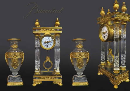 19th C. French Bronze & Baccarat Crystal Clock Set: 19th C. French Bronze & Baccarat Crystal Clock Set. Clock: H 12" x 5.1/2" x 3", Urns: H 8.1/2"