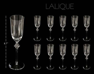 Lalique Roxane Crystal Champagne Flute, Set of 10: Set of 10 French Lalique Roxane Champagne Flute. H 8.7"