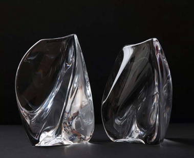 A Pair of Daum Clear Crystal Free Form Bookends, Signed: A Pair of French Daum Clear Crystal Free Form Bookends, Signed. H 6.25" x W 4.5"