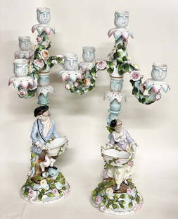 A Pair of Meissen style Figural Porcelain Candelabras: A Pair of Meissen style Figural Hand painted Porcelain Candelabras. H 19.5"