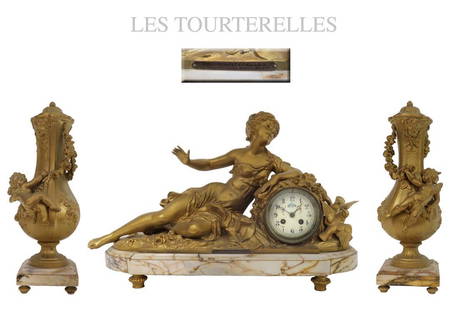 Les Tourterelles, F. Moreau Mantel Clock Set, 19th C.: Les Tourterelles, 19th C. French Figural Bronze on Marble Mantel Clock Set by "F. Moreau". Clock: W 26" x H 16"