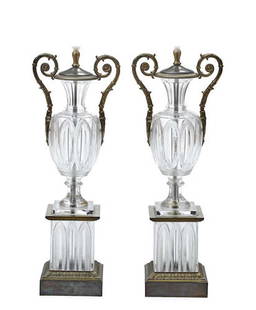 PAIR OF CHARLES X STYLE GILT BRONZE/CUT GLASS URN/LAMPS: A pair Charles X style gilt bronze mounted cut glass two handled urns mounted as lamps. height excluding electric fitting: 24"