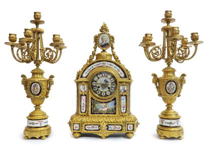 19th C. French Bronze & Sevres Porcelain Clock Set: 19th C. French Bronze & Sevres Porcelain Clock Set. Clock: H 19.3/4" x 12.1/4" x 6", Candelabras: H 21" x D 10.1/4"