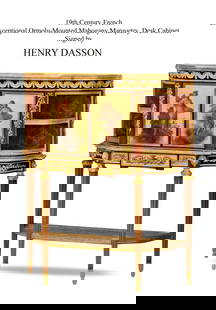 An Exceptional 19th C. French Henry Dasson Signed Bronze Mahogany Desk Cabinet: An Exceptional 19th Century French Henry Dasson Signed Ormolu Mounted Hand Painted Mahogany Desk Cabinet. About the item: Exceptional French Ormolu-Mounted Mahogany Marquetry Secretaire a Abattant Des