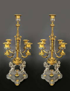 19th C. Pair of Bronze & Baccarat Crystal Candelabras: 19th C. Pair of Bronze & Baccarat Crystal Candelabras, French, Signed. H 19" x D 8"
