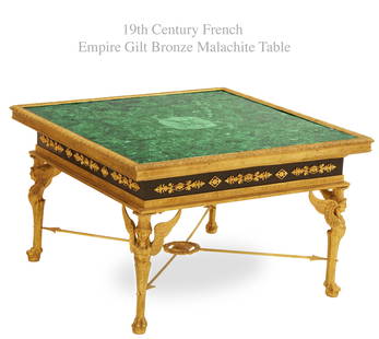 19th C. French Empire Figural Gilt Bronze & Malachite Table: 19th C. French Empire Figural Gilt Bronze & Malachite Table. H 19" x 30.75" x 30.75"