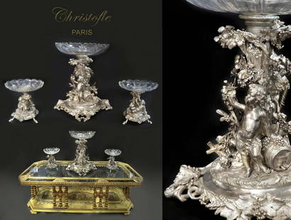 19th C. Large French Christofle Garniture Set: 19th C. Large French Christofle Garniture Set. Note: The table is NOT included! Measuremes: Centerpiece H 18.1/2" x 17" x 14", Tazzas: H 9.1/2" x D 8.3/4"