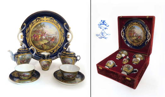 19th C French Sevres Porcelain Tea Set in Original Case: 19th C. French Sevres Porcelain Tea Set in Original Case. case: 16" x 16" x 6.5", Tray: D 14"